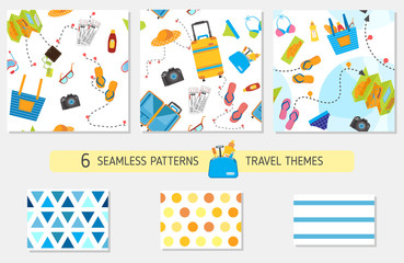 Seamless pattern with travel items including suitcase, plane, cruise liner, map,