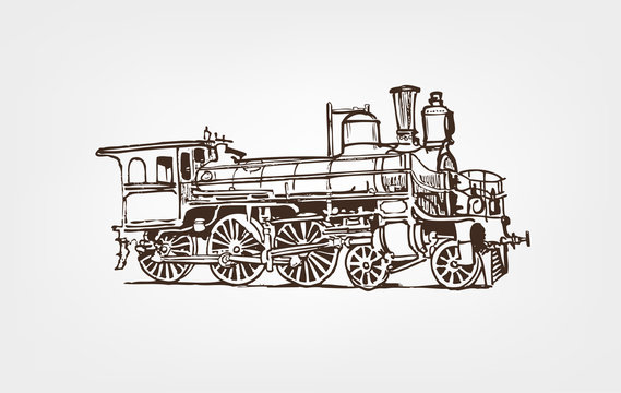 Old steam locomotive isolated on white background. Hand drawn illustration.