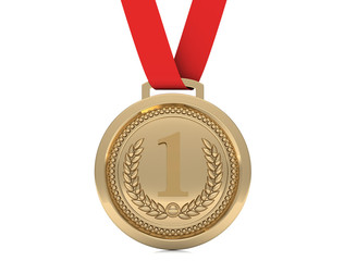 First place Gold medal with red ribbon isolated on white background - 3d illustration