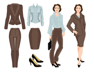 Vector illustration of business women or teacher. Formal beige suit, blue blouse, black shoes on white background