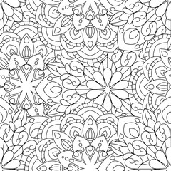 Doodles mandala seamless pattern. Adult coloring page. Black and white florale elements. Repeat pattern background. Hand drawn vector illustration.