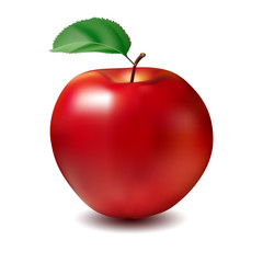 Vector illustration of fresh red apple with green leaf, realistic gradient mesh design, isolated on white