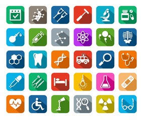 Medicine, icons, colored, flat, vector.  Medical services specialization. The profession of doctors. Medical instruments. White, flat pictures on a colored background with a shadow.  