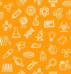 Science, orange background, outline icons, monochrome, seamless, vector.  White, line the icons on the orange box. Different types of scientific activities. Vector flat background.  