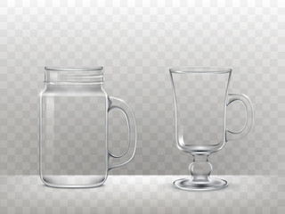 Set of vector illustrations of glasses, cups for smoothies and other drinks in a realistic style