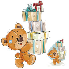 Vector illustration of a brown teddy bear carries a stack of gift boxes Print, template, design element