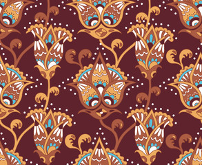 Vintage floral seamless pattern. Ethnic ornament. Stylized decorative flowers in folk style. Traditional handcraft. Seamless texture in brown colors. Vector illustration.