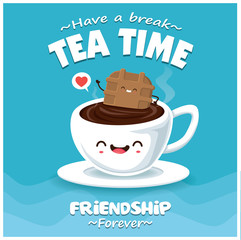 Vintage fruits poster design with vector coffee & biscuit character.