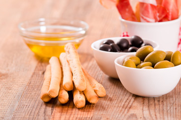 Grissini breadsticks with ham. 