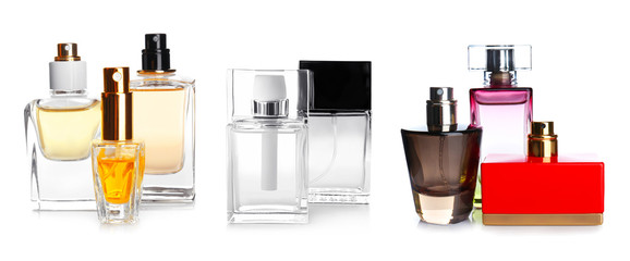 Collection of perfume bottles on white background