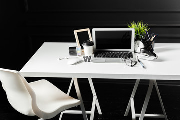 Office leather desk table with computer, supplies