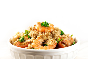 Closeup of shrimp coucous on white with copyspace