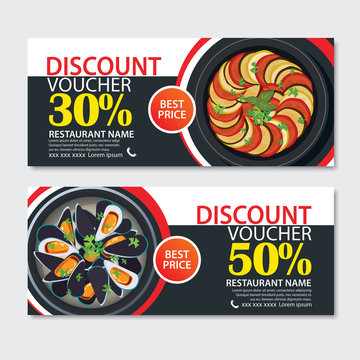 Discount voucher french food template design. Set of ratatouille, musssels