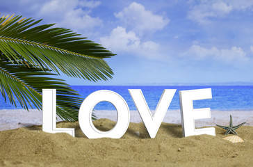 Summer vacations - Text Love on a sandy beach. 3d illustration