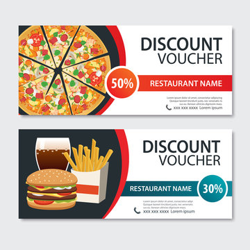 Discount voucher fast food template design. Set of pizza, hamburger, french fries.
