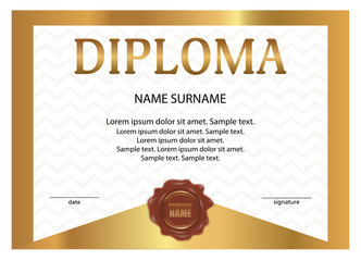 Diploma or certificate with wax seal. Golden template with watermark. Vector