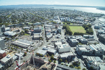 Auckland city view from the top of Auckland Sky Tower, North Island, New Zealand.