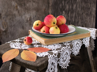 Fresh ripe apples are metal white plate on the background of the aged wood