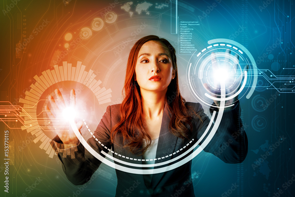 Aufkleber futuristic graphical user interface concept. businesswoman touching virtual screen. Internet of Things. Heads up display. technological abstract.