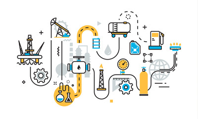 Flat line illustration concept of graph, plan, scheme, mechanism, algorithm, step of oil and gas production industry process, petroleum product, extraction, valving, oil well pump for website banner