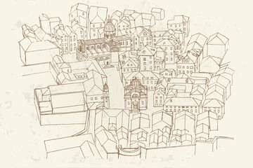Bird's-eye view of Dubrovnik. Vector sketch in retro style.