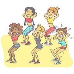 Funny vector cartoon with group of women exercising squats, one is all in pain and stressed