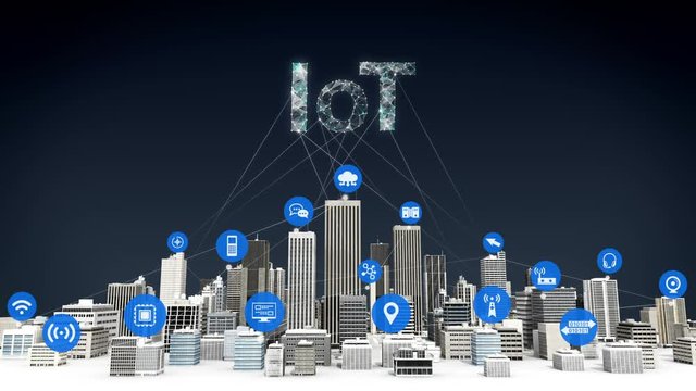 Things sensor icon on Smart city, connecting grid typo 'IOT' concept.