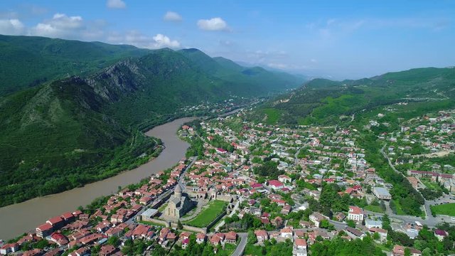 Flying shot over Mtskheta, Georgia. 4K, UHD