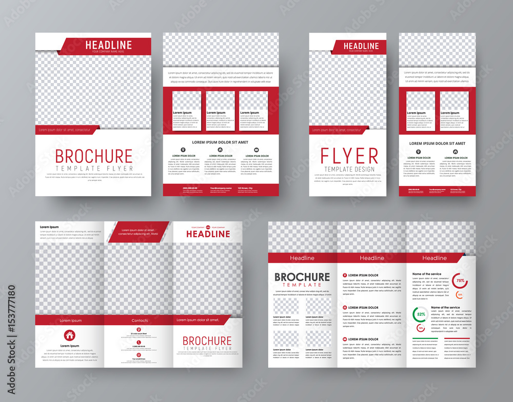 Poster design front and back side folding brochure, a4 flyer and a narrow flyer with red elements design