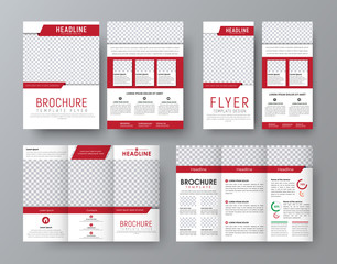 Design front and back side folding brochure, A4 flyer and a narrow flyer with red elements design - obrazy, fototapety, plakaty