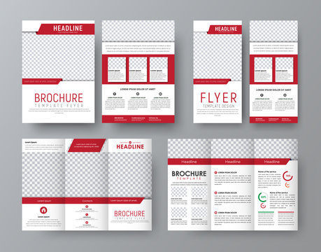 Design Front And Back Side Folding Brochure, A4 Flyer And A Narrow Flyer With Red Elements Design