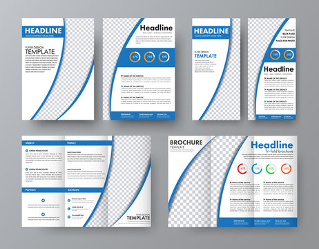 template for the front and back of the folding brochure, A4 flyer and a narrow flyer with blue semi-circular elements
