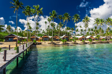 Fototapeta na wymiar Tropical beach with with coconut palm trees and villas on Samoa Island