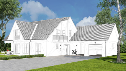 CAD Zeichnung von Einfamilienhaus in Garten