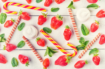 Colorful sweet fruit mix of strawberry, caramel, marshmallows, sweet waffles