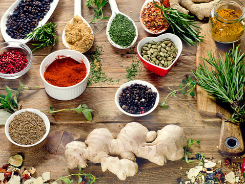 Colorful spices and fresh herbs