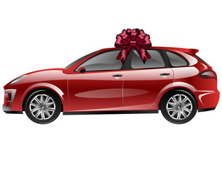 Red automobile with ribbon bow. Car as a gift