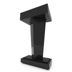 3d Speaker Podium. Black Tribune Rostrum Stand with Microphones. 3d render isolated on white background. Debate, press conference concept