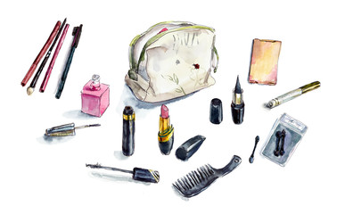 Makeup beauty cosmetics. Isolated cosmetics products. Watercolor hand drawn illustration