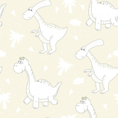 Cute seamless pattern with funny dinosaurs. vector illustration.