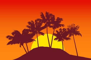 Tropical palm tree silhouette against sunset sky. 3d rendering