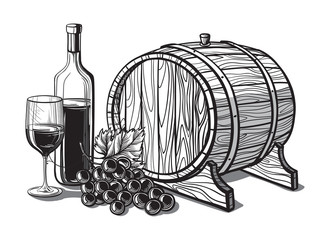 Vector sketch of grapes, wine glass, barrel on background for design