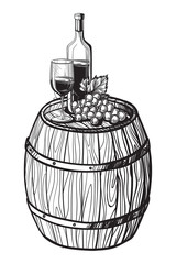 Vector sketch of grapes, wine glass, barrel on background for design