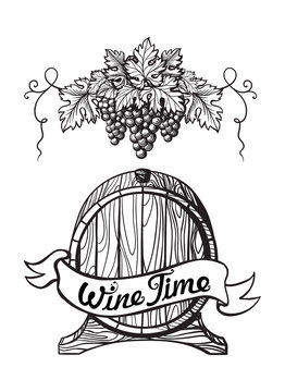 Vector sketch of grapes, wine barrel on background for design