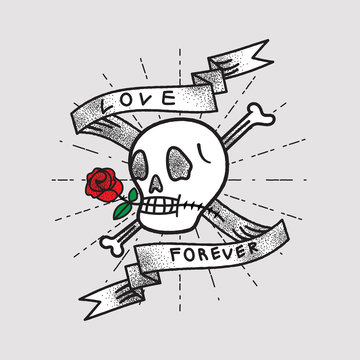 Love Forever, Shading Skull and Rose with Ribbon