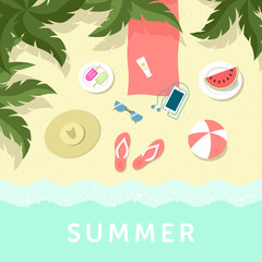 Summer vacation poster with top view of palm trees and sea shore, beach accessories and summer food.