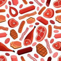 Meat seamless pattern - sausages, salami, pork, bacon, steak, beef, ham
