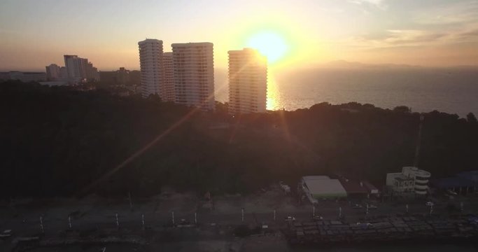 Condominiums in Pattaya at Sunset, Aerial Drone Footage
