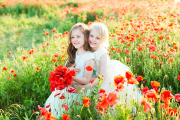 Naklejka na ściany i meble little girl model, summer, fashion concept - two cute little girls sisters are posing in white and blue wedding dress, one hugged sister back, another is holding a bouquet of poppies.