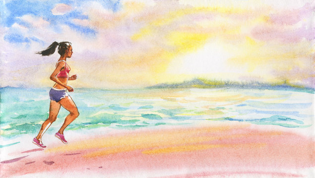Hand drawn seascape with running girl. Painting outdoor sport background. Watercolor white beach and sea illustration
